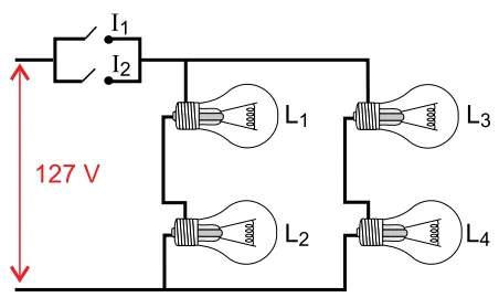 Alternativa B — esquema do circuito elétrico das quatro lâmpadas