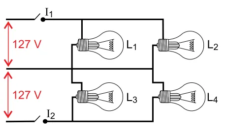 Alternativa C — esquema do circuito elétrico das quatro lâmpadas