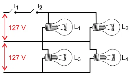 Alternativa D — esquema do circuito elétrico das quatro lâmpadas