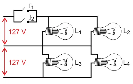 Alternativa E — esquema do circuito elétrico das quatro lâmpadas