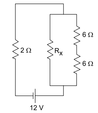 Circuito com gerador de 12V, resistor de 2 ohms em série, e em paralelo Rx com dois resistores de 6 ohms em série