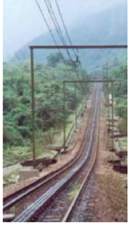 Trecho de ferrovia em rampa acentuada na Serra do Mar, com trilhos e postes de rede elétrica em meio à vegetação