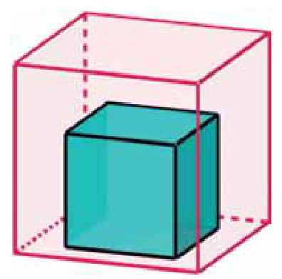 Vista em perspectiva: cubo Q (maior, rosa/transparente, aresta 5 cm) contendo o cubo P (menor, azul/verde, aresta 3 cm) apoiado no fundo de Q, cheio de água