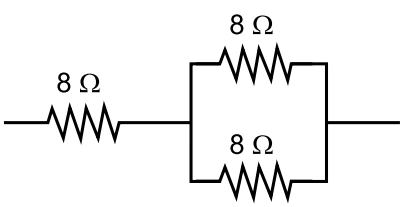 Um resistor de 8 ohms em série com dois resistores de 8 ohms em paralelo entre si