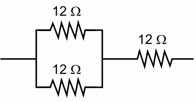 Dois resistores de 12 ohms em paralelo entre si, em série com um terceiro resistor de 12 ohms