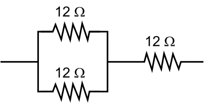 Dois resistores de 12 ohms em paralelo entre si, em série com um terceiro resistor de 12 ohms