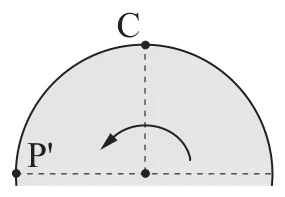 Desenho da alternativa B da questão 11 de Física — UFSCar 2005: posição de Calvin (C) em relação ao ponto P'