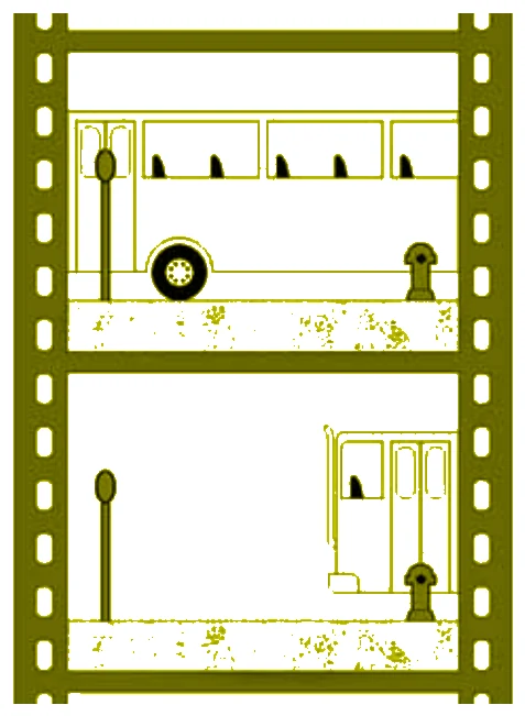 Duas fotografias em sequência de um ônibus: na primeira, a porta do ônibus está junto à placa do ponto; na segunda, a mesma porta está junto ao hidrante