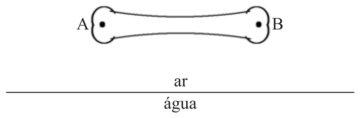 Osso com os pontos A e B nas extremidades, acima de uma linha horizontal que separa o ar (em cima) da água (embaixo)