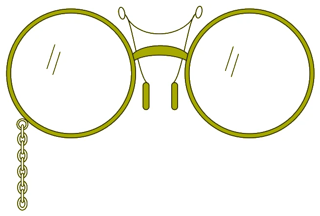 Pince-nez: armação de duas lentes circulares unidas por uma ponte sobre o nariz, com corrente