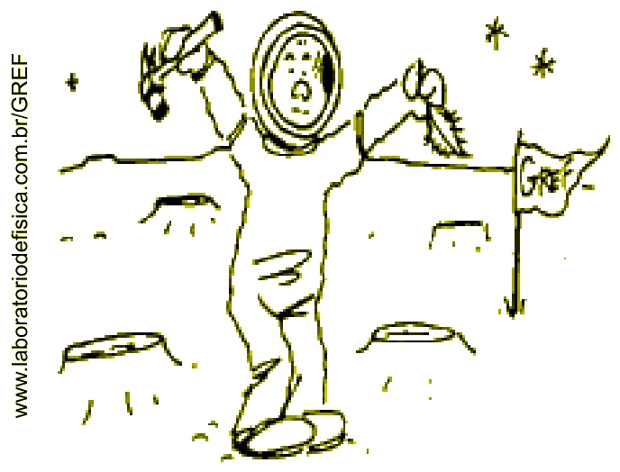 Desenho de um astronauta na superfície lunar segurando um martelo e uma pena, com uma bandeira ao lado