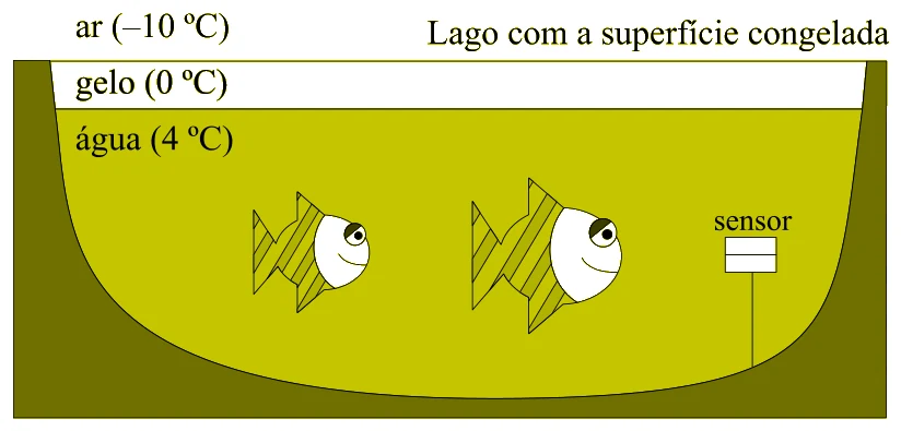 Lago com a superfície congelada (gelo a 0 °C sobre água a 4 °C) com um sensor preso por um fio ao fundo; e gráfico do volume de 1 kg de água, em cm³, em função da temperatura, com mínimo em 4 °C