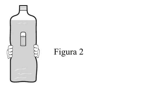 Figura 2: a mesma garrafa sendo comprimida pelas mãos; o tubinho está em equilíbrio mais abaixo, dentro da água.