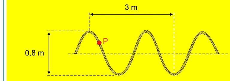 Perfil de uma onda transversal na corda, com distância horizontal de 3 m e distância vertical entre crista e vale de 0,8 m