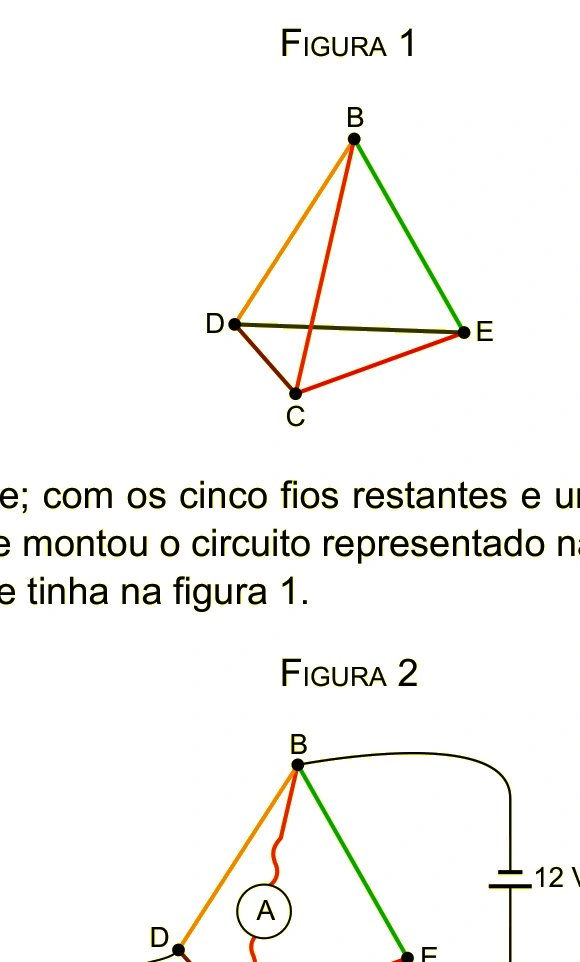 Tetraedro resistivo BCDE e circuito equivalente com o fio DE rompido, amperímetro no ramo BC e voltímetro ligado entre D e C