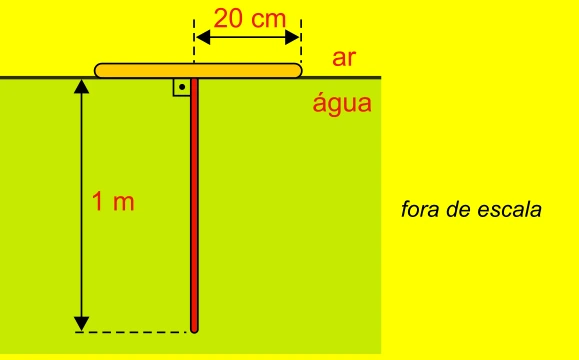 Tubo luminescente vertical de 1 m suspenso no centro de boia opaca de raio 20 cm