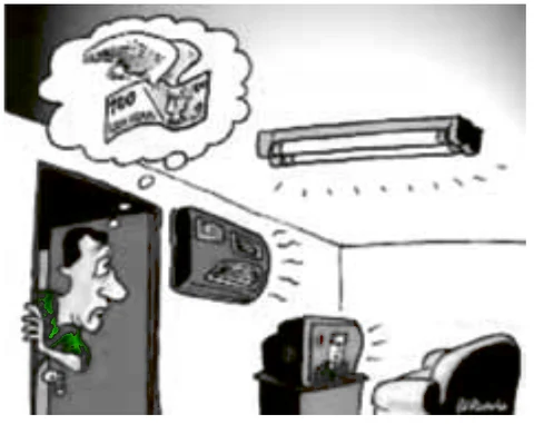 Charge de um homem espiando por uma porta entreaberta uma sala em que estão ligados o ar-condicionado, um televisor e a iluminação.