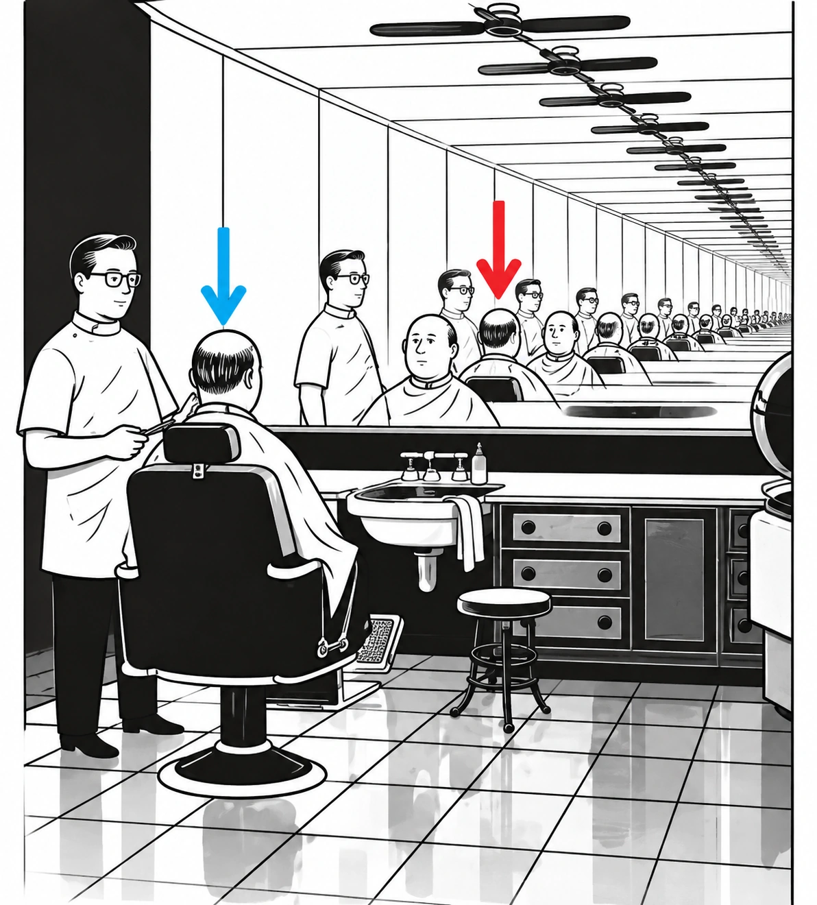 Barbearia com dois espelhos planos paralelos e sucessivas imagens do cliente; setas azul e vermelha indicam a cabeça real e uma imagem
