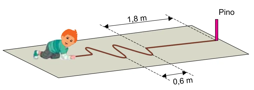 Corda com dois pulsos transversais completos, distância de 1,8 m entre trechos e amplitude de 0,6 m, presa a um pino vertical