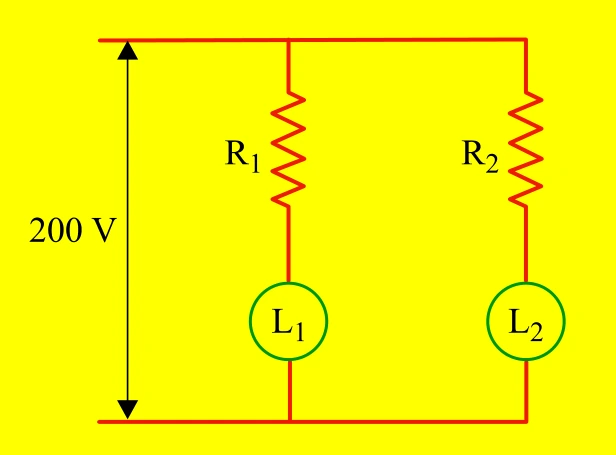 Circuito com duas lâmpadas em ramos paralelos, cada uma em série com um resistor