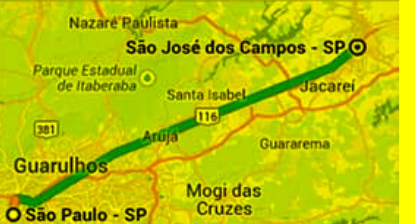 Mapa do trajeto entre São Paulo e São José dos Campos