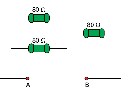 Circuito com dois resistores de 80 ohms em paralelo, em série com um terceiro resistor de 80 ohms, entre A e B