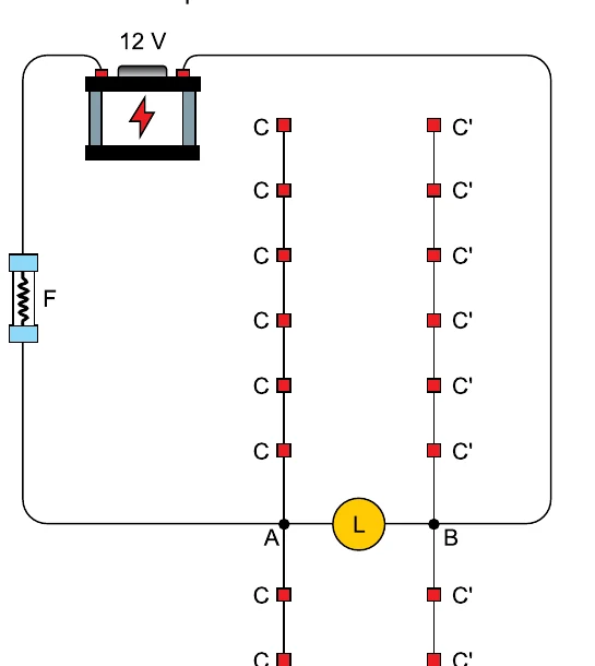 Circuito de 12 V protegido por fusível de 15 A, com uma lâmpada entre A e B e conectores C e C linha para outras lâmpadas em paralelo