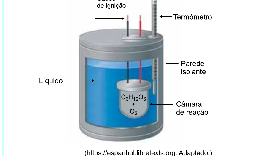 Calorímetro com cabos de ignição, termômetro, parede isolante, líquido e câmara de reação contendo glicose e oxigênio