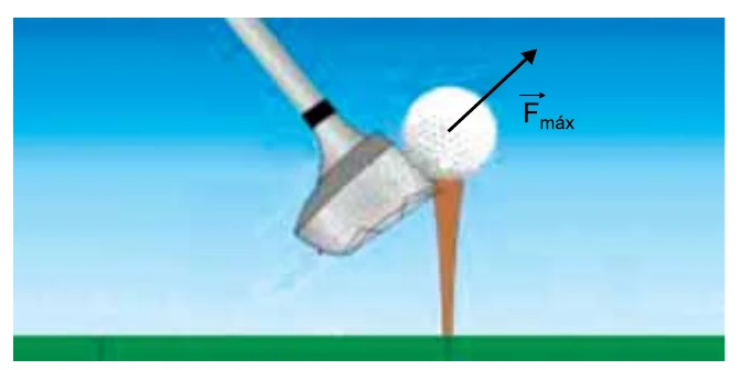 Taco de golfe atingindo a bola, com o vetor da força máxima indicado