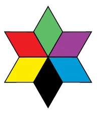 Estrela com ponta superior verde, vermelho e roxo acima, amarelo e azul abaixo, ponta inferior preta