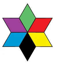 Estrela com ponta superior verde, roxo e vermelho acima, azul e amarelo abaixo, ponta inferior preta