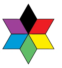 Estrela com ponta superior preta, roxo e vermelho acima, azul e amarelo abaixo, ponta inferior verde