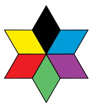 Estrela com ponta superior preta, amarelo e azul acima, vermelho e roxo abaixo, ponta inferior verde