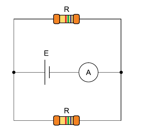 Figura 2: gerador de força eletromotriz E em série com um amperímetro, ligado aos mesmos dois nós de dois ramos que contêm cada um um resistor R, ou seja, os dois resistores ficam em paralelo
