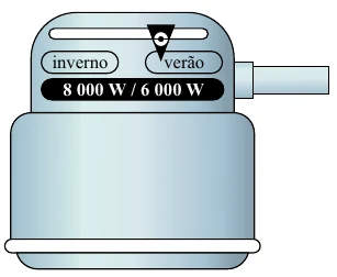 Chave seletora de um chuveiro elétrico com as posições verão e inverno, indicando 8 000 W e 6 000 W.