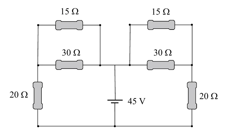 Circuito com bateria de 45 V ao centro e dois ramos simétricos; em cada ramo, um resistor de 15 ohms em paralelo com um de 30 ohms, ligados em série a um resistor de 20 ohms