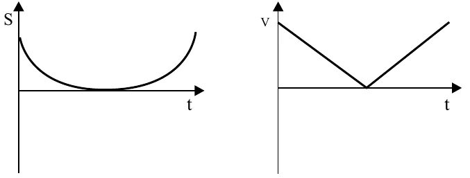 Posição S: curva em U, sempre positiva, tocando suavemente o eixo; velocidade v: positiva decrescente até zero e depois crescente