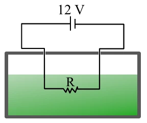 Circuito com uma bateria de 12 V ligada a um resistor R imerso em água contida em um recipiente