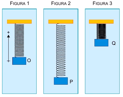 Massa presa a mola vertical oscilando entre os pontos P e Q em torno da posição de equilíbrio O