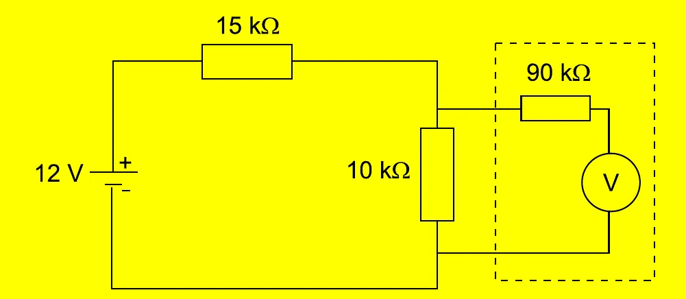 Circuito com bateria de 12 V, resistor de 15 quilo-ohms em série com um resistor de 10 quilo-ohms, e voltímetro de 90 quilo-ohms ligado em paralelo ao resistor de 10 quilo-ohms