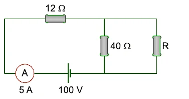 Circuito com um gerador de 100 V, um amperímetro que indica 5 A e um resistor de 12 Ω em série com dois resistores em paralelo, um de 40 Ω e o outro de resistência R.