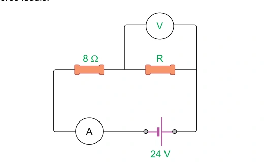 Circuito em série com resistor de 8 ohms e resistor R, amperímetro ideal, fonte de 24 V e voltímetro ideal ligado aos terminais de R