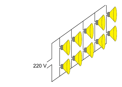 Painel ligado a 220 V com cinco ramos em paralelo, cada ramo contendo duas lâmpadas incandescentes de 110 V em série