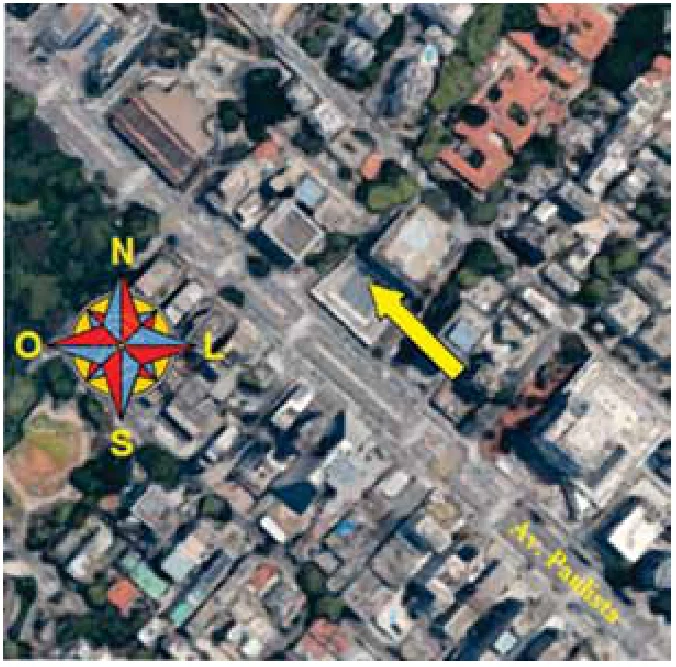 Vista aérea da Avenida Paulista com uma rosa dos ventos e uma seta amarela inclinada para o noroeste, que representa a bússola do pombo