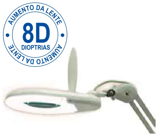 Anúncio de uma lupa de bancada com um selo azul onde se lê aumento da lente, 8D, dioptrias