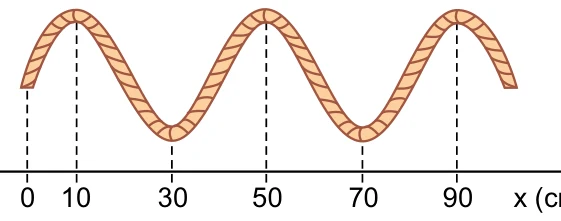 Trecho de uma corda em forma de onda, com cristas nas posições 10 cm, 50 cm e 90 cm e vales nas posições 30 cm e 70 cm, ao longo do eixo x
