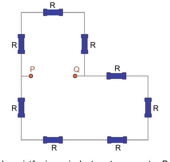 Circuito de resistores R entre os pontos P e Q: o ramo de cima tem três resistores e o de baixo, cinco