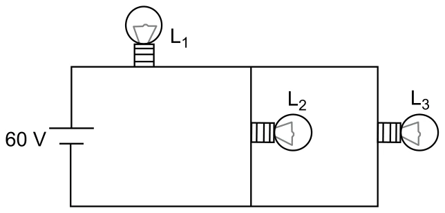 Circuito com fonte de 60 V, a lâmpada L1 em série e as lâmpadas L2 e L3 em paralelo entre si