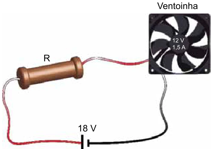 Circuito com fonte de 18 V, resistor R e ventoinha de 12 V e 1,5 A ligados em série