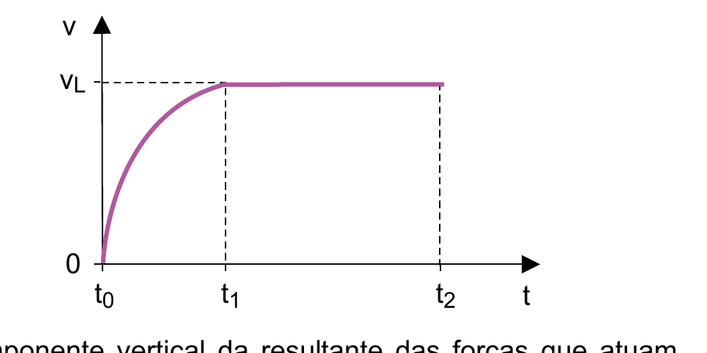 Gráfico da velocidade vertical de um paraquedista em função do tempo: cresce de 0 em t0, aproxima-se assintoticamente do valor vL por volta de t1, e permanece constante em vL de t1 até t2